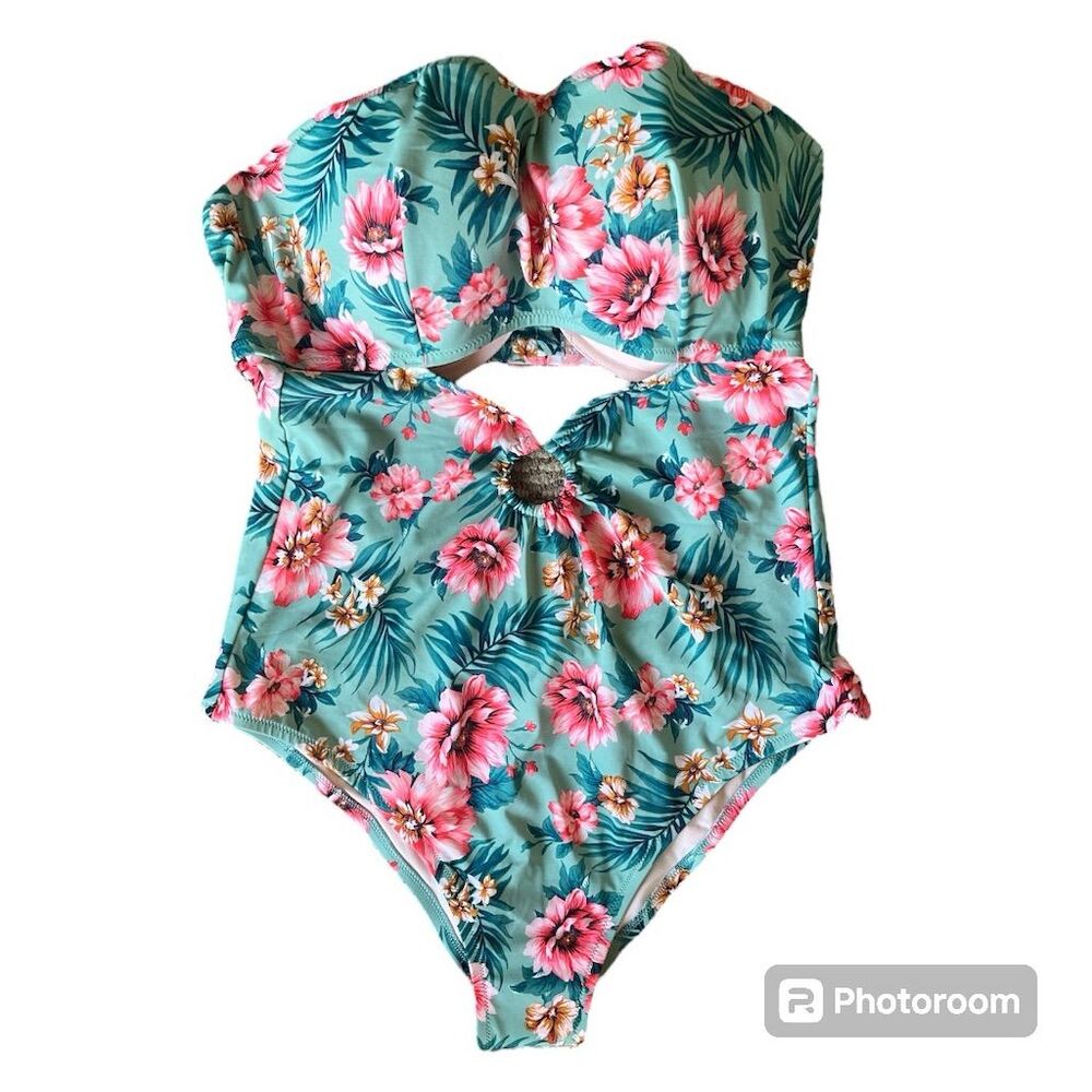 •Shade & Shore Floral One Piece Swimsuit Green 38DD Women’s Tropical Cut-Out